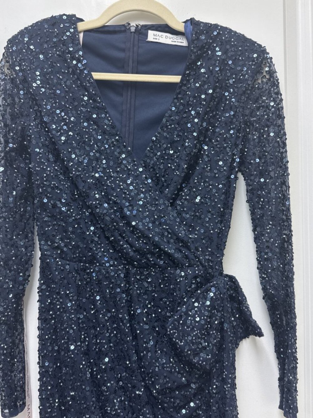 Mac Duggal Size 2 Navy 10558 Sequined Wrap Bow Cocktail Midi Long Sleeve Dress - Picture 6 of 12